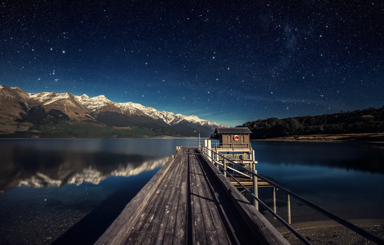 Фото обои небо, звезды, горы, озеро, New Zealand, Lake Wakatipu, South Island, inland lake