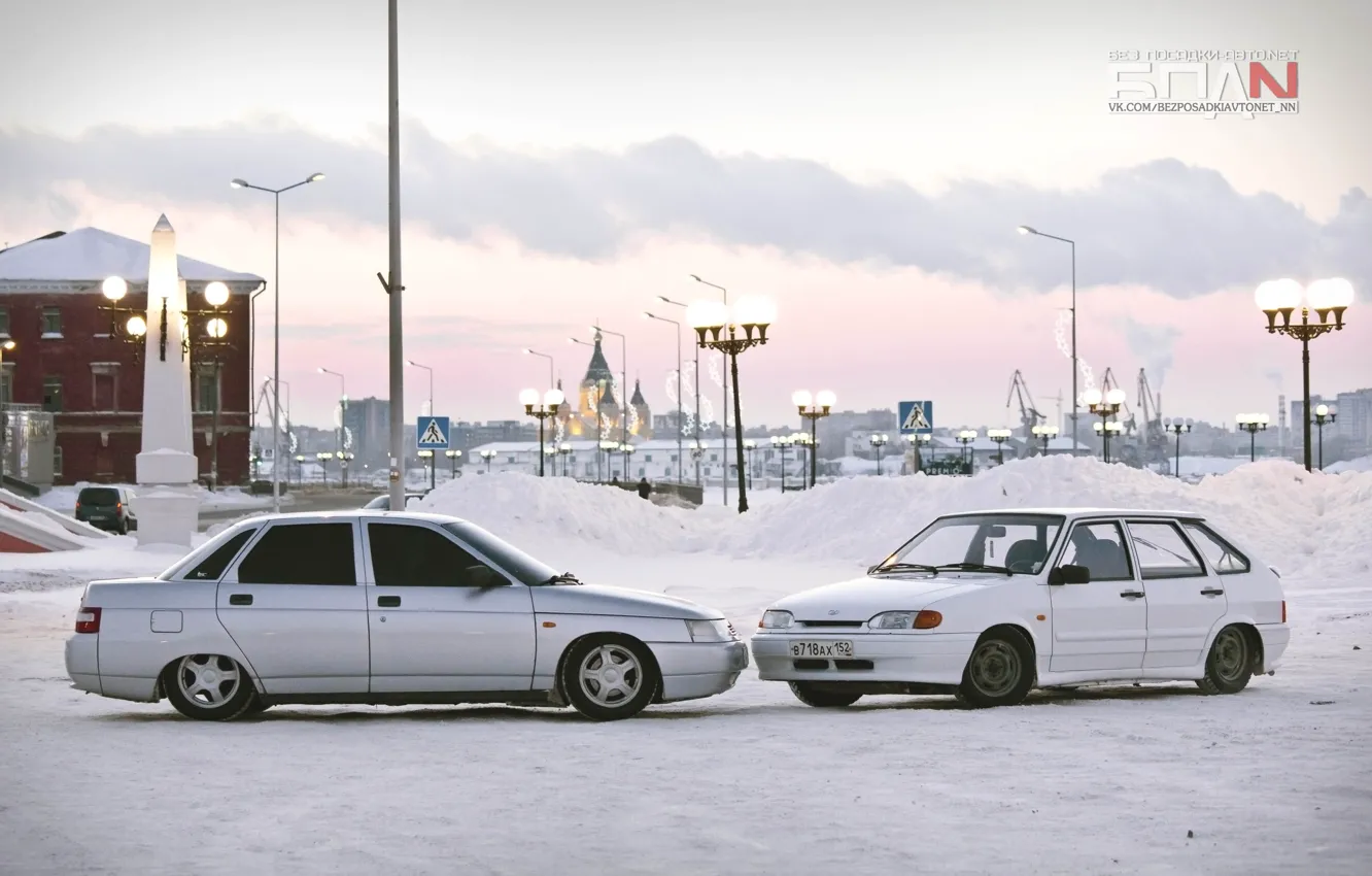 Фото обои зима, машина, авто, город, дома, белая, auto, 2114