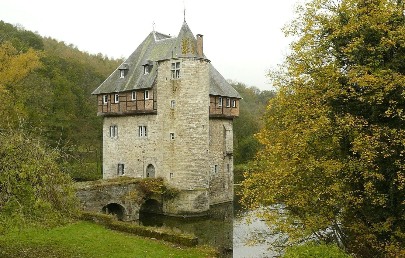 Фото обои деревья, озеро, замок, средневековая архитектура