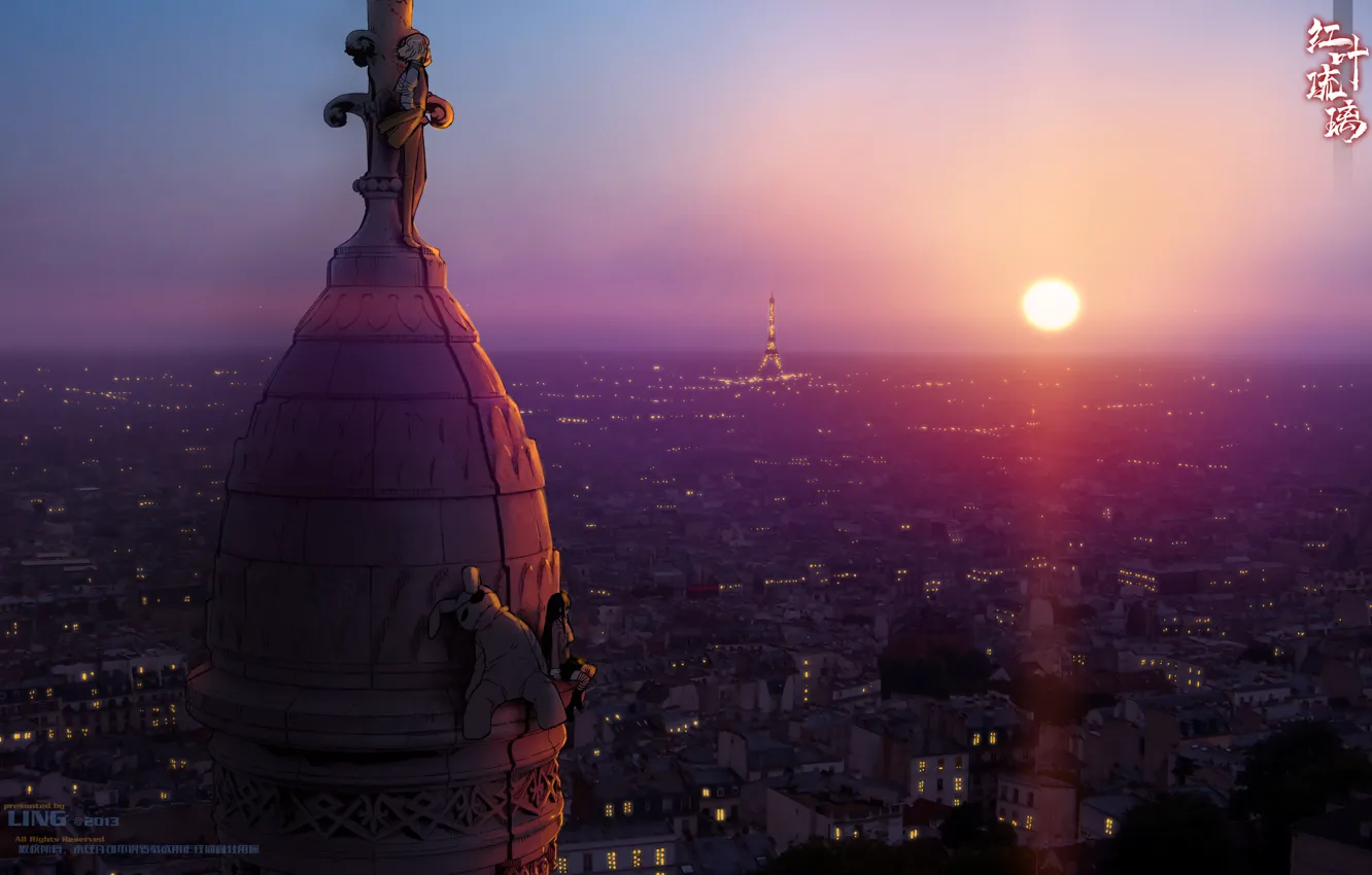 Фото обои девушка, солнце, закат, город, огни, эйфелева башня, аниме, крыши