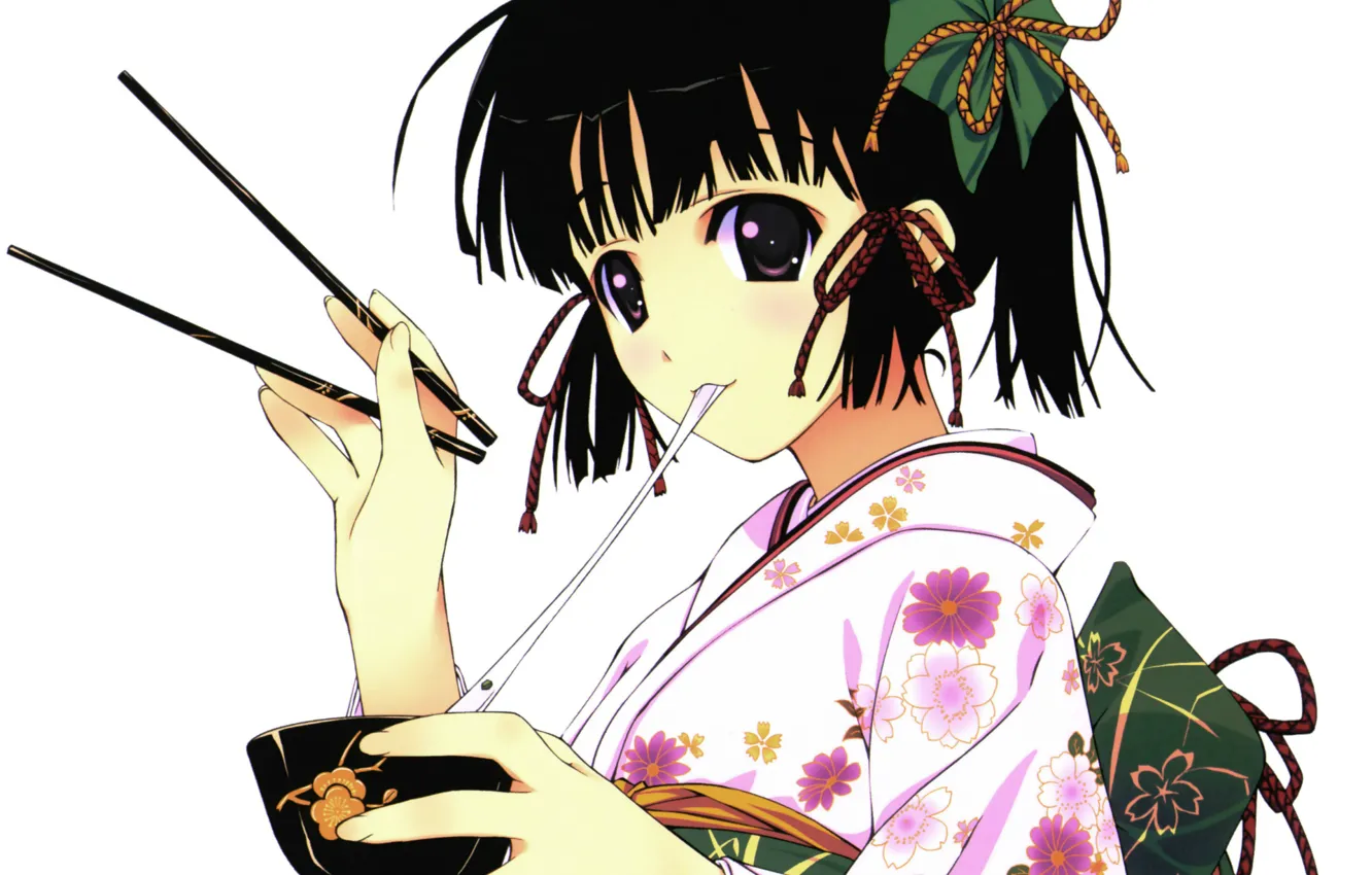 Фото обои палочки, белый фон, кимоно, длинные волосы, art, пиала, visual novel, murakami suigun