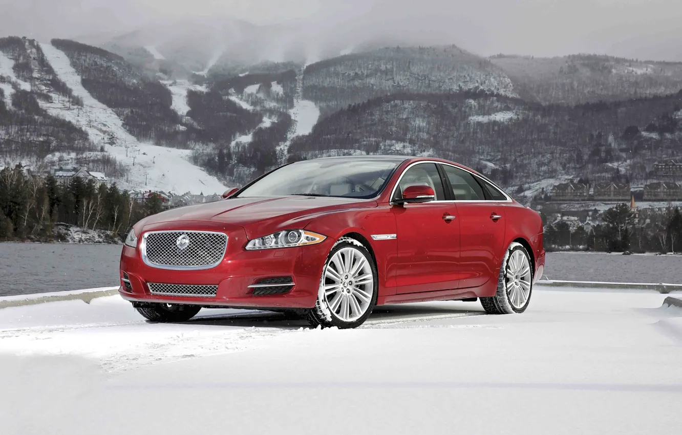 Фото обои Jaguar, Красный, Зима, Снег, Автомобиль, Передок