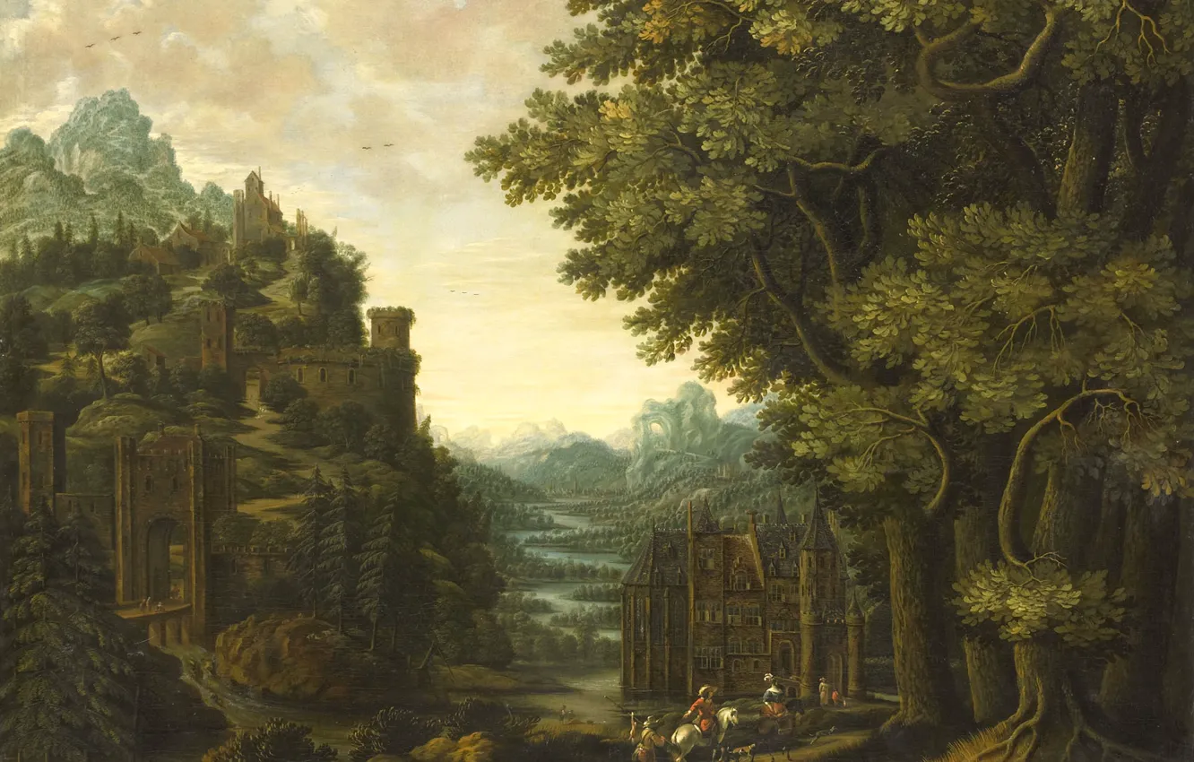 Фото обои масло, картина, холст, Горный Пейзаж с Рекой и Замком, Jan Meerhout