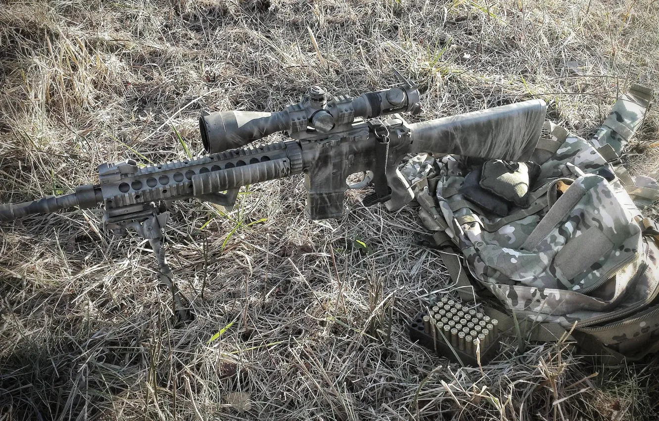 Фото обои трава, оружие, сумка, винтовка, снайперская, Mk 12
