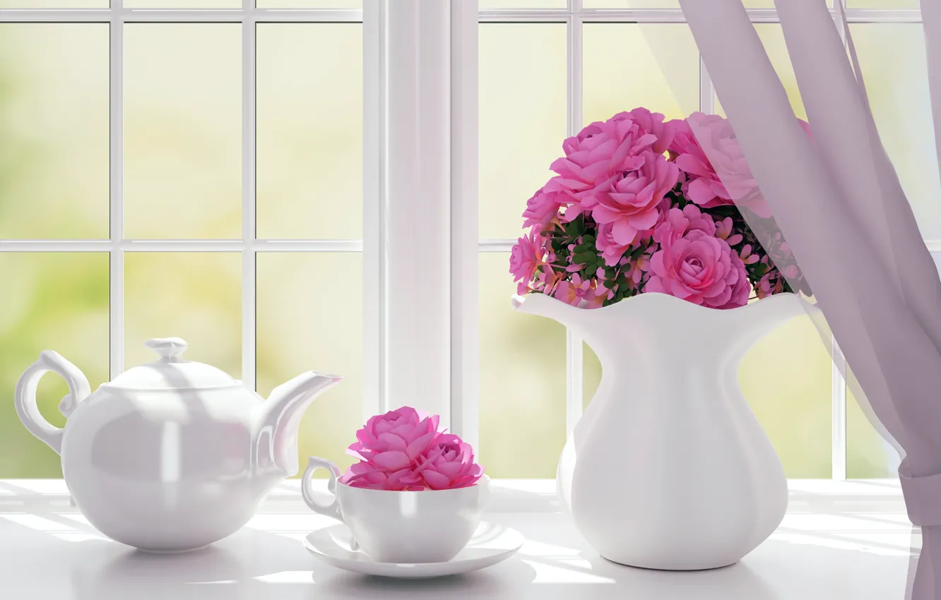 Фото обои цветы, розы, чайник, окно, ваза