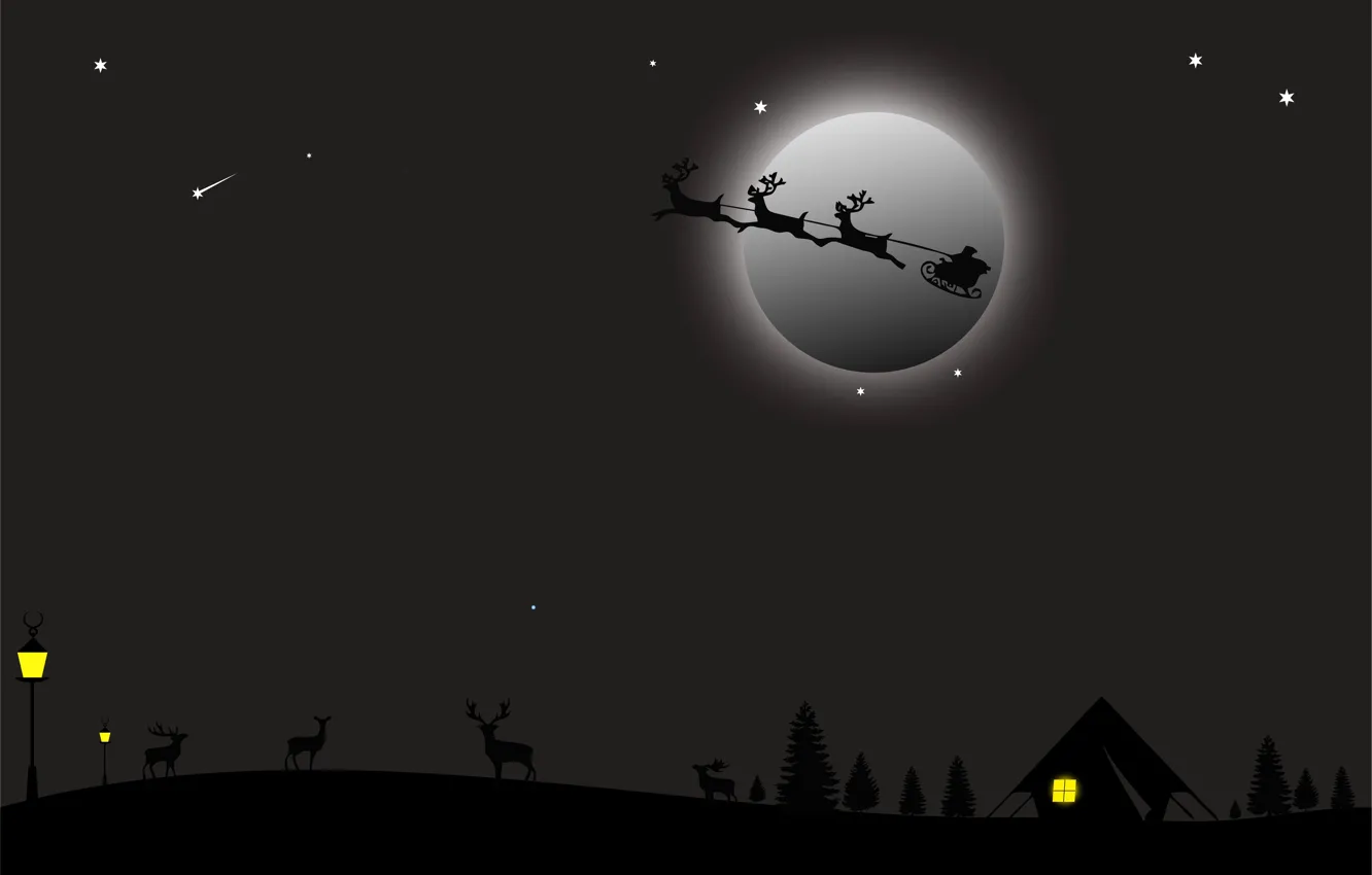 Фото обои Зима, Ночь, Снег, Луна, Дом, Рождество, Новый год, Санта Клаус