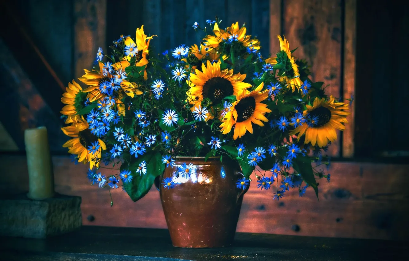 Фото обои цветы, подсолнух, букет, ваза