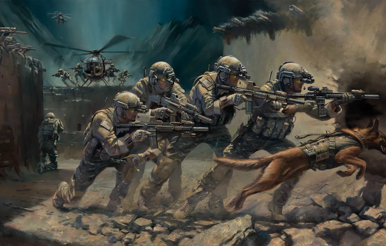 Фото обои оружие, собака, арт, вертолет, солдаты, захват, экипировка, операция