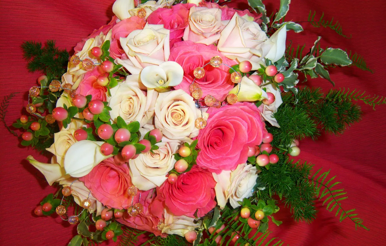 Фото обои цветы, фото, розы, букет, каллы