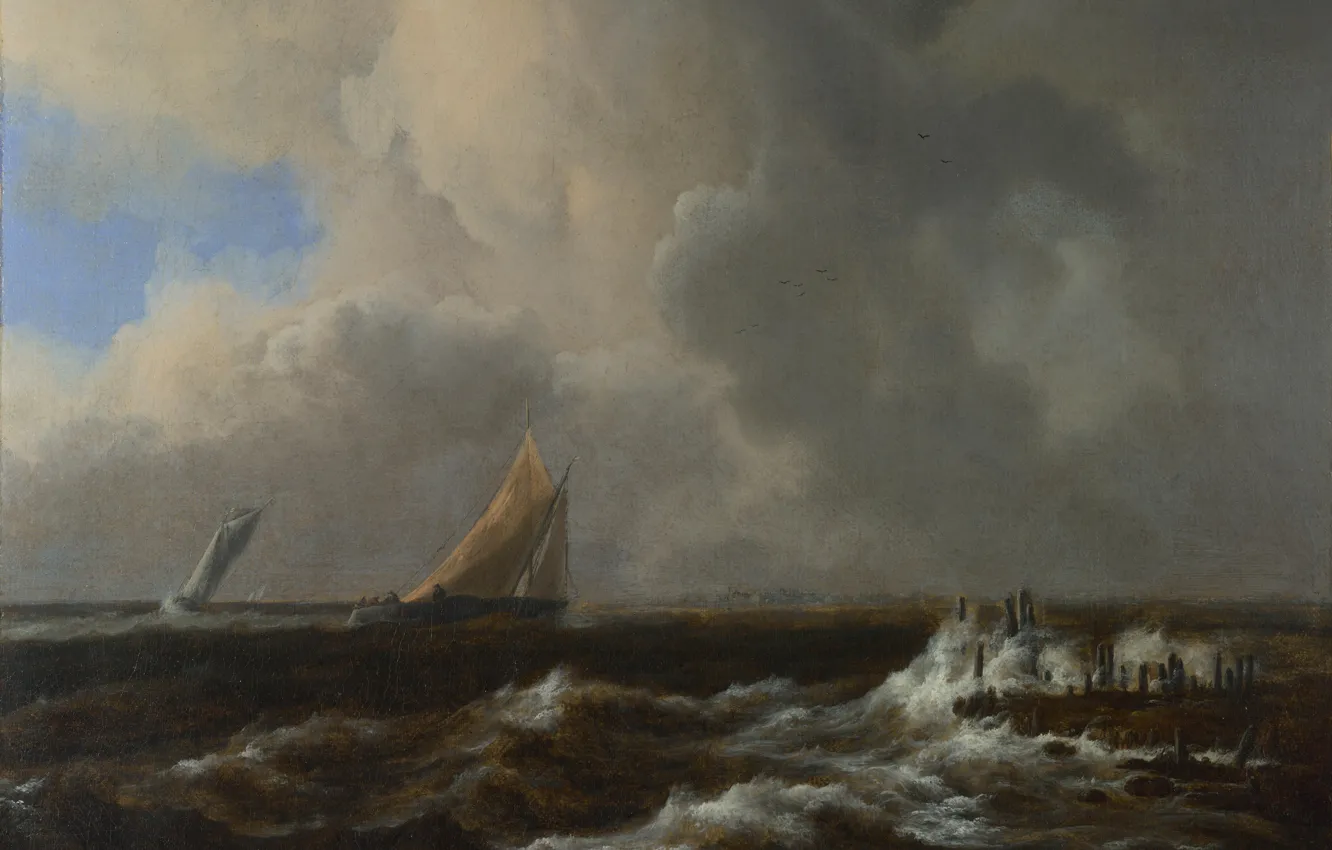 Фото обои картина, морской пейзаж, Якоб ван Рёйсдал, Jacob van Ruisdael, Корабли в свежем ветре