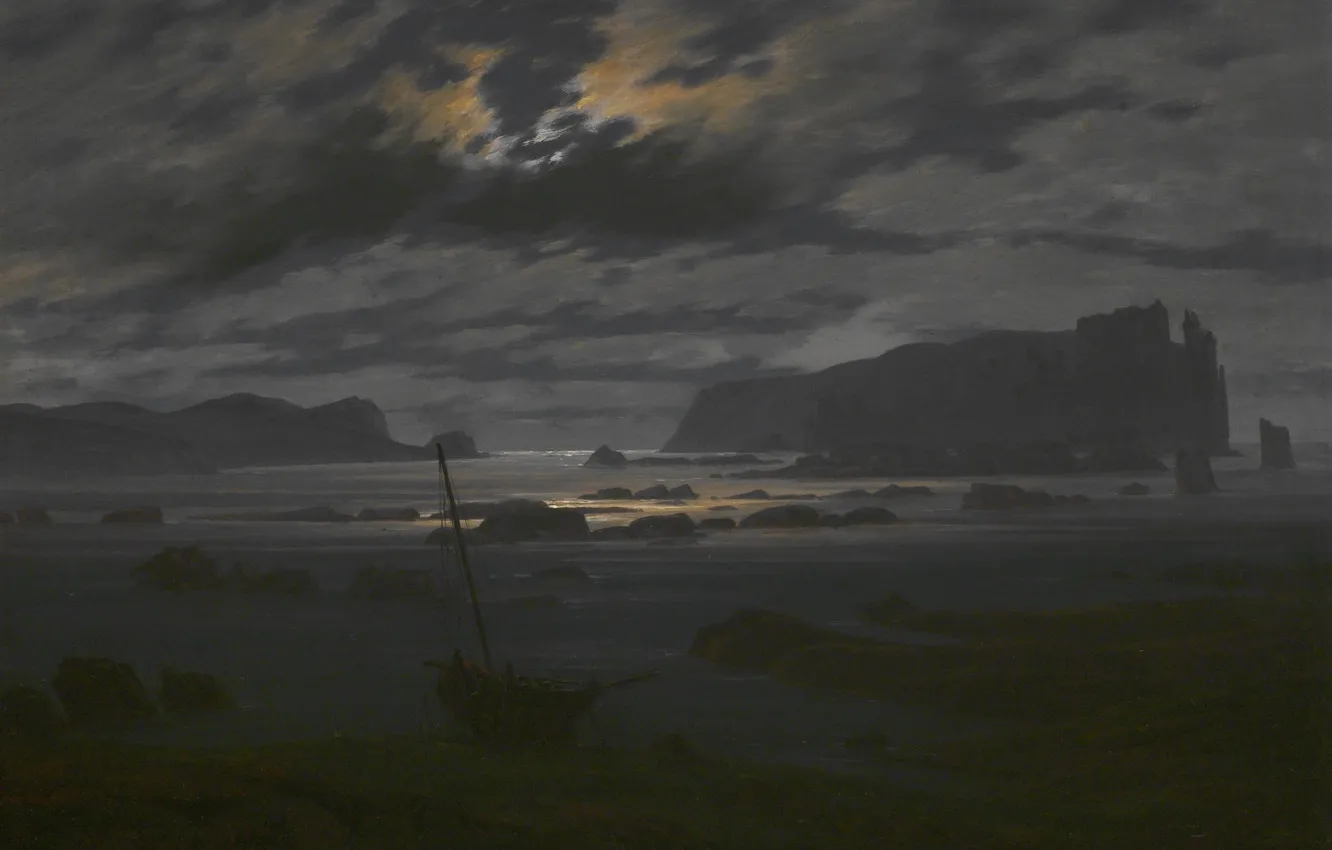 Фото обои пейзаж, ночь, лодка, картина, Каспар Давид Фридрих, Северное Море в Лунном Свете