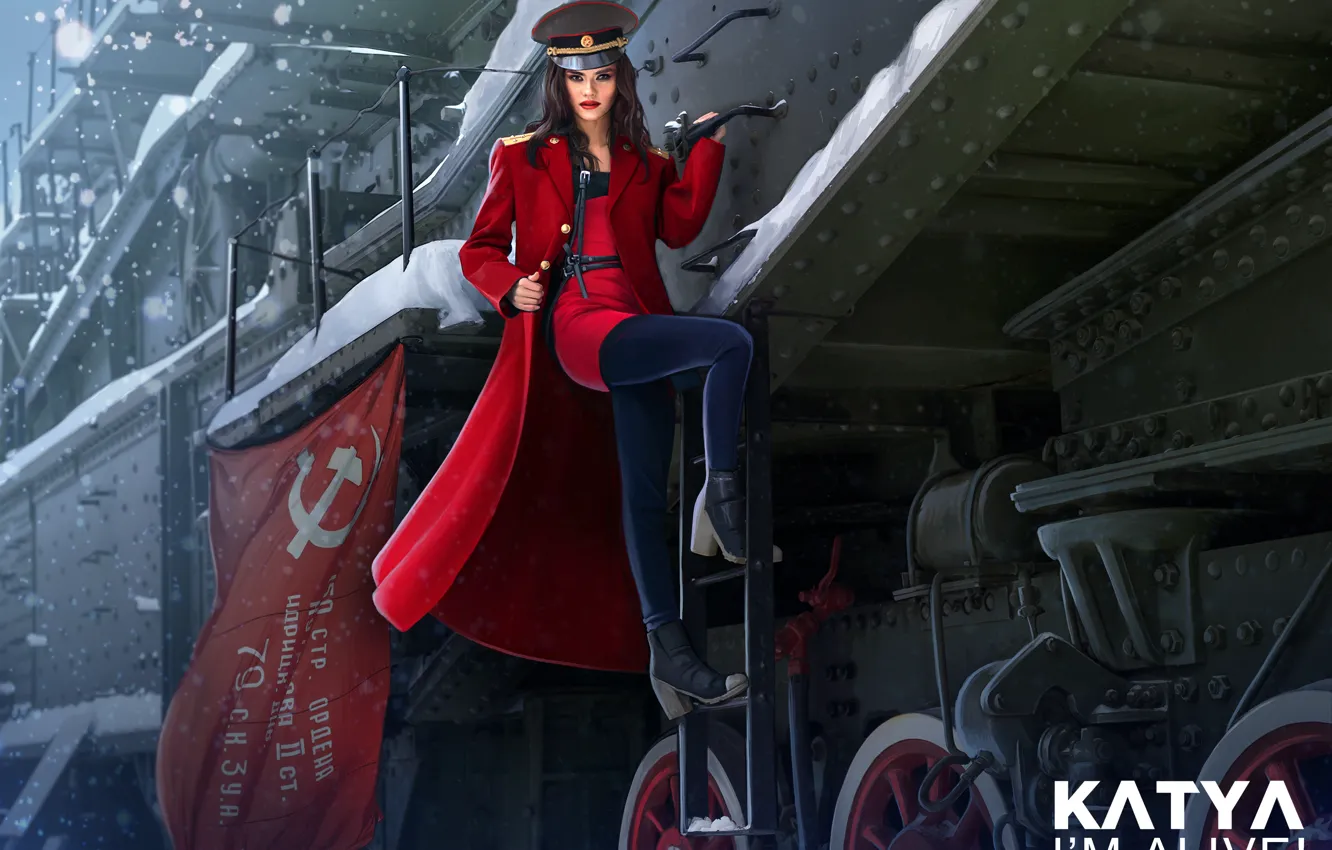 Фото обои зима, девушка, снег, красное, рисунок, поезд, арт, в красном