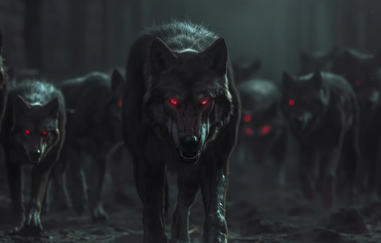 Фото обои dark, red eyes, wolf, AI art