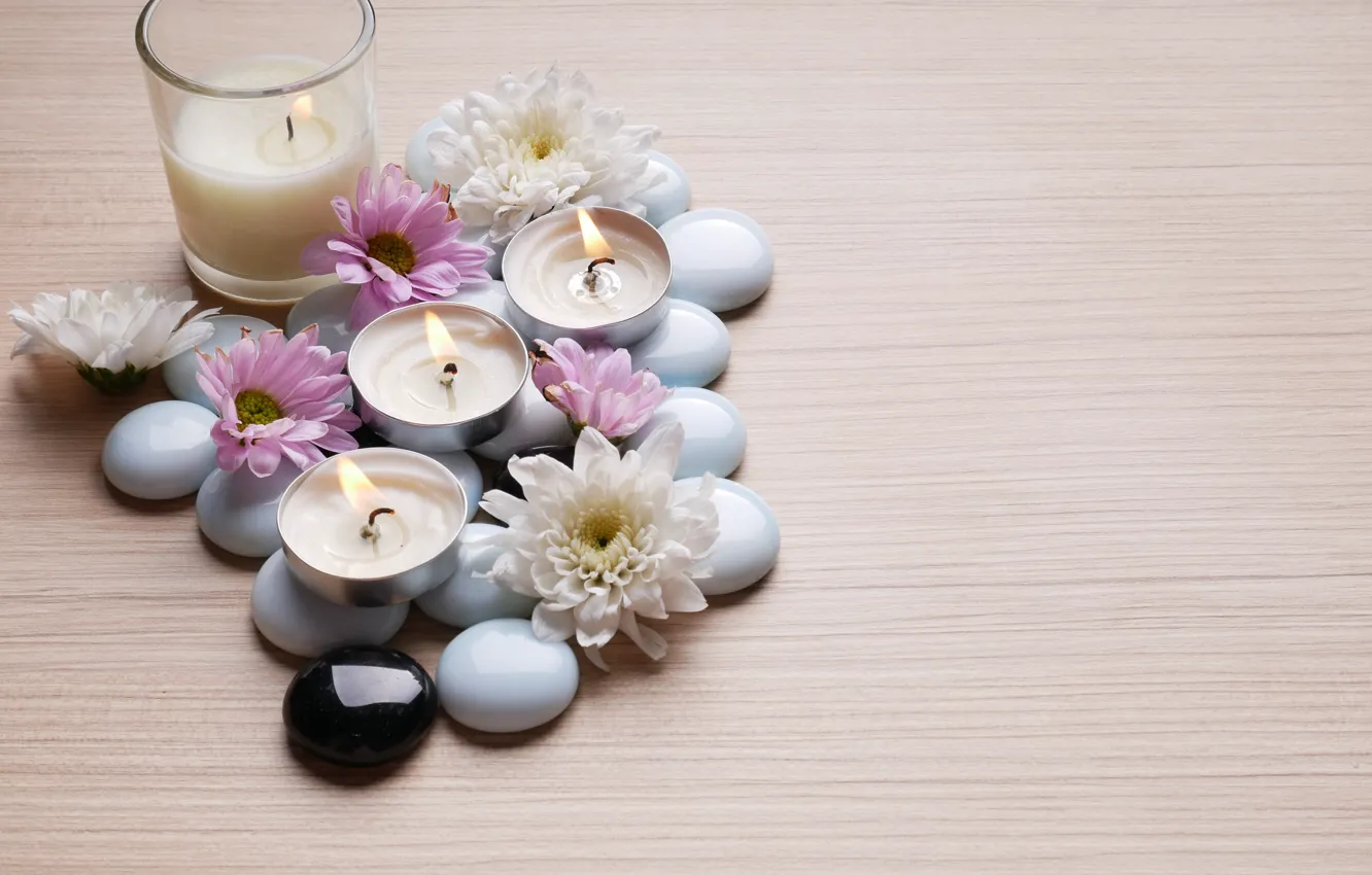 Фото обои камни, свечи, хризантемы, Спа