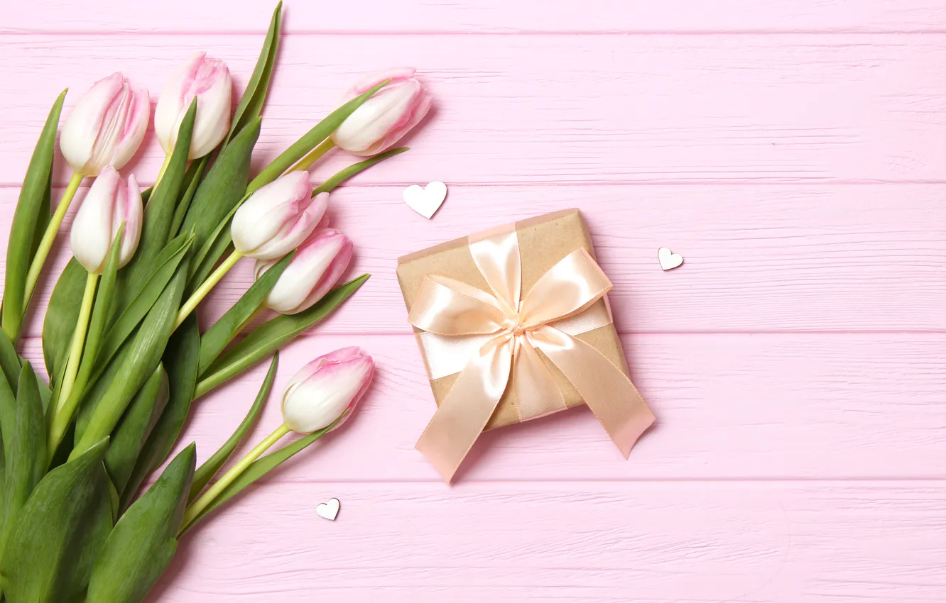 Фото обои цветы, подарок, букет, тюльпаны, розовые, wood, pink, flowers