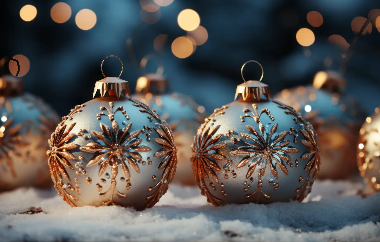 Фото обои зима, снег, украшения, шары, Новый Год, Рождество, golden, new year