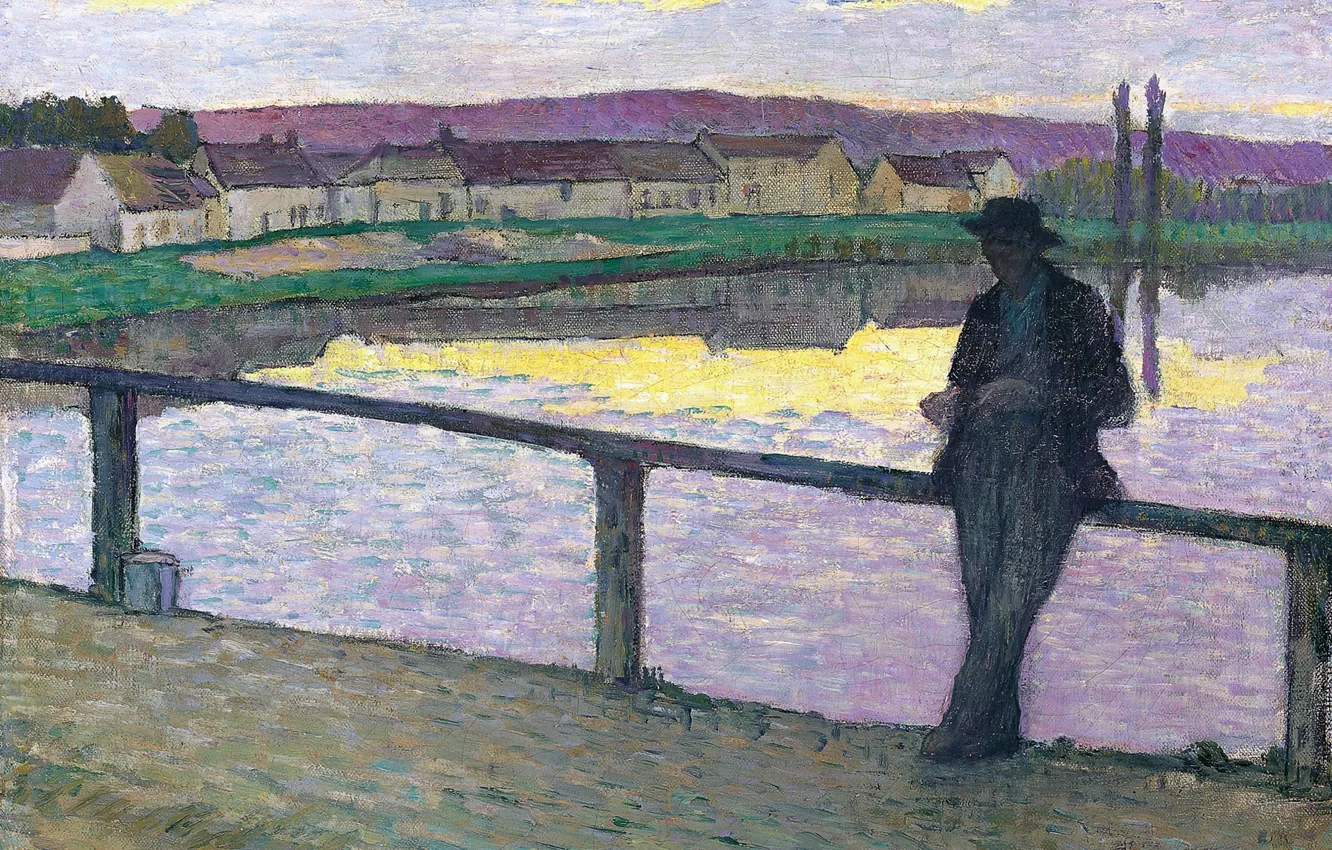 Фото обои пейзаж, мост, дома, картина, вечер, мужчина, Анри Лебаск, Young Man in front of the Sea