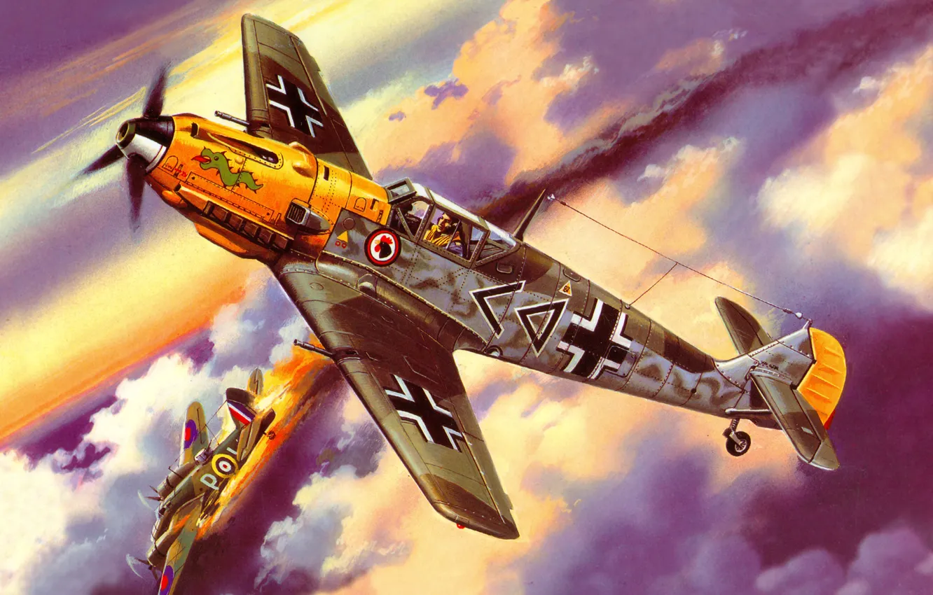 Фото обои небо, облака, рисунок, истребитель, арт, немецкий, воздушный бой, WW2