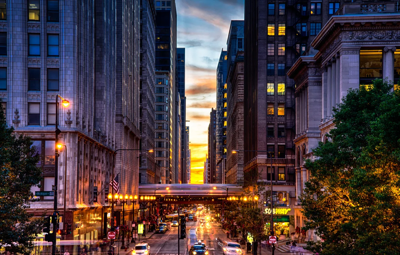 Фото обои Вечер, Чикаго, Небоскребы, USA, Chicago, skyline, nightscape