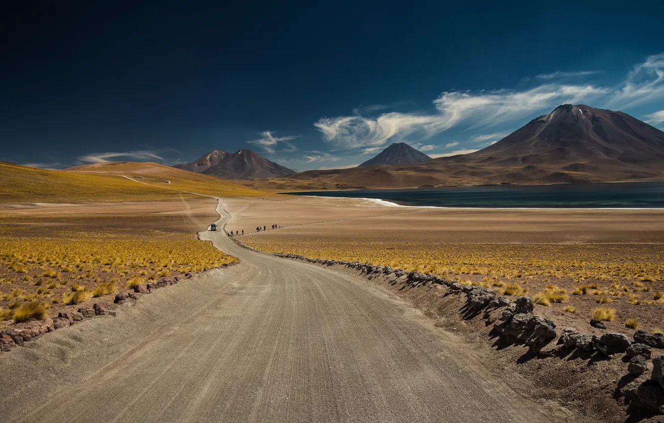 Фото обои дорога, горы, озеро, пустыня
