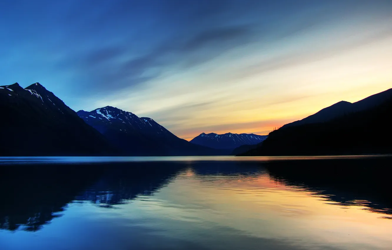 Фото обои закат, озеро, гладь, Glacier Bay