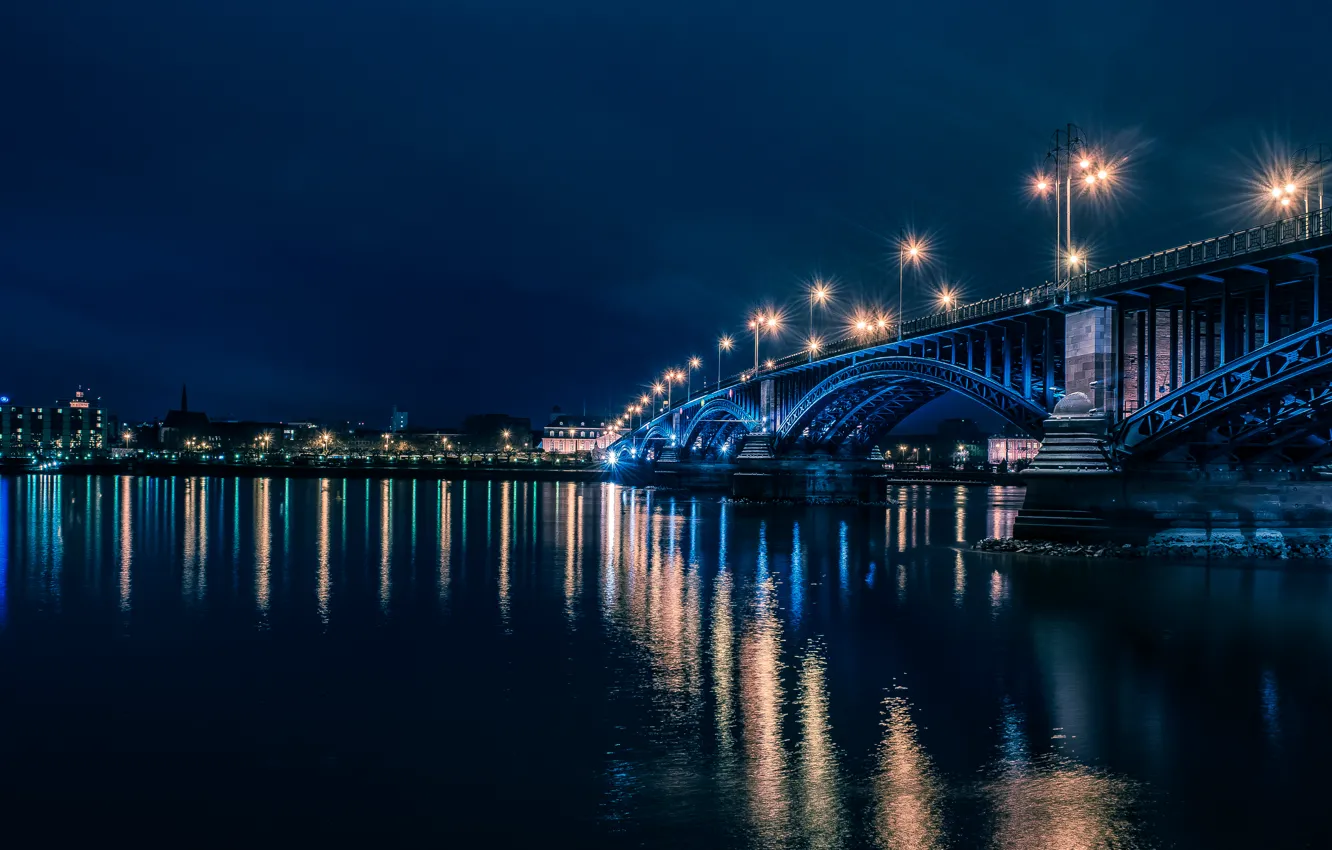 Фото обои ночь, огни, река, Германия, фонари, Mainz, Рейн.мост, Майнц