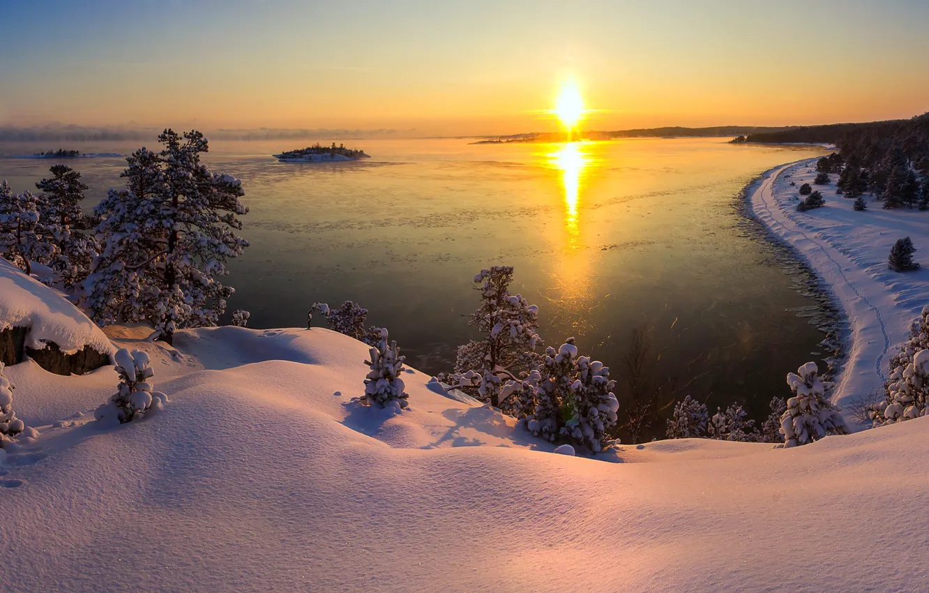 Фото обои зима, солнце, снег, деревья, пейзаж, закат, природа, озеро