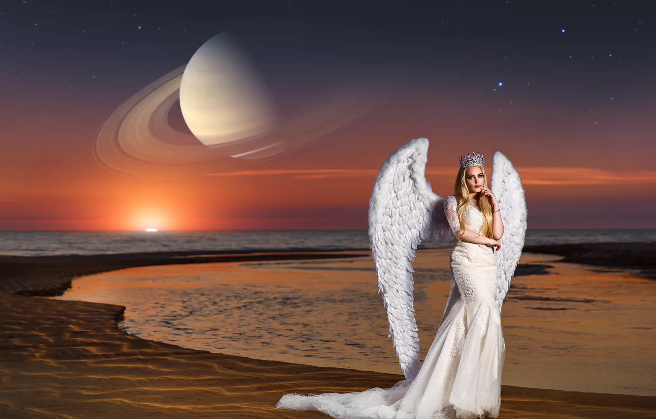 Фото обои море, девушка, закат, поза, стиль, планета, крылья, ангел
