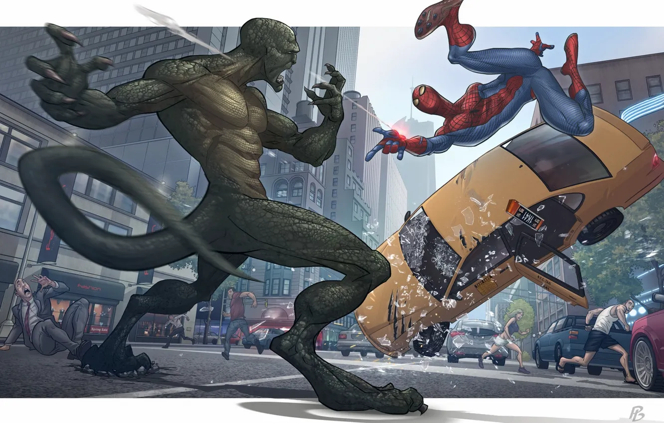 Фото обои город, люди, человек-паук, драка, ящер, такси, патрик браун, The Amazing Spider-man