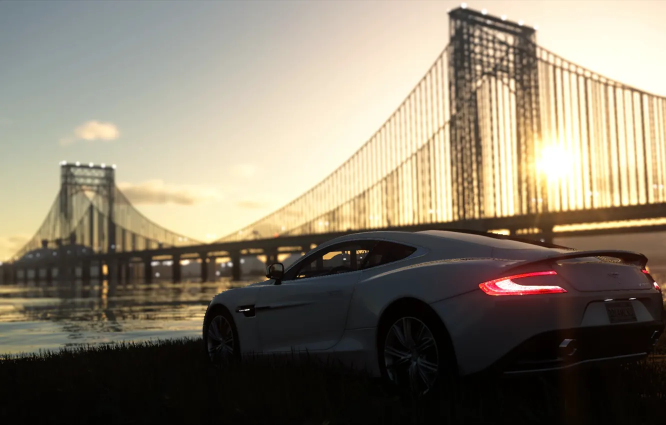 Фото обои море, белый, закат, мост, aston martin, на берегу, The Crew
