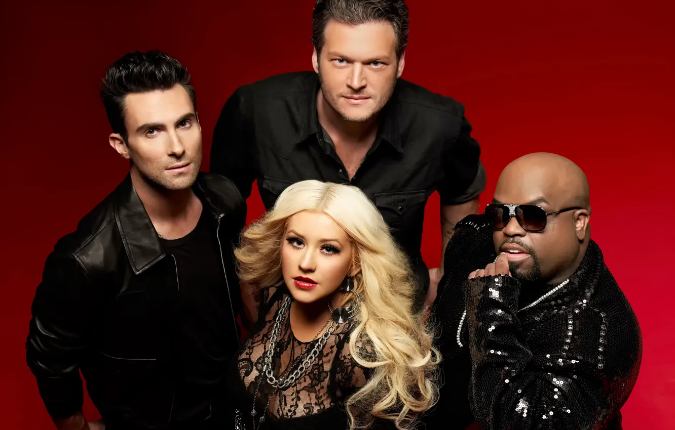 Фото обои Christina Aguilera, сша, Кристина Агилера, The Voice, Adam Levine, Blake Shelton, голос, Cee-Lo Green