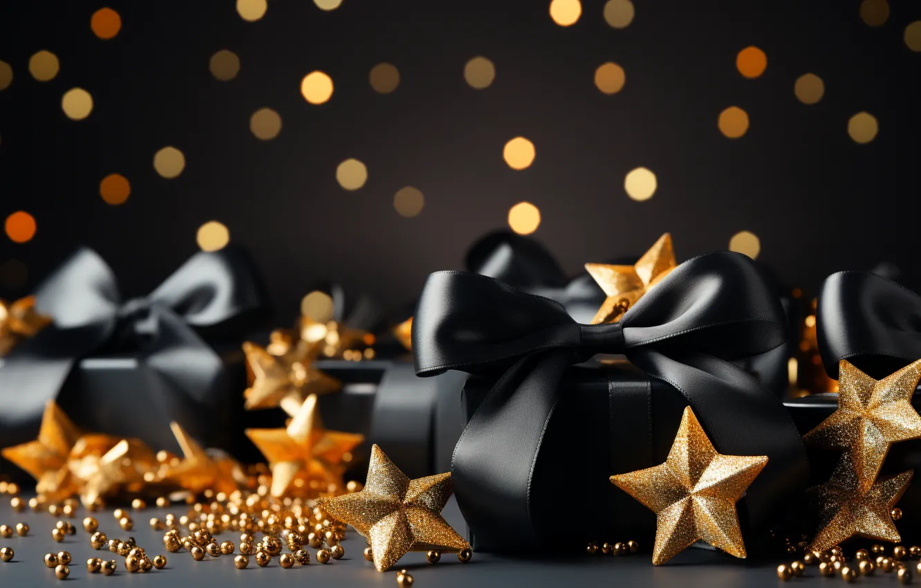Фото обои украшения, шары, Новый Год, Рождество, подарки, golden, new year, happy