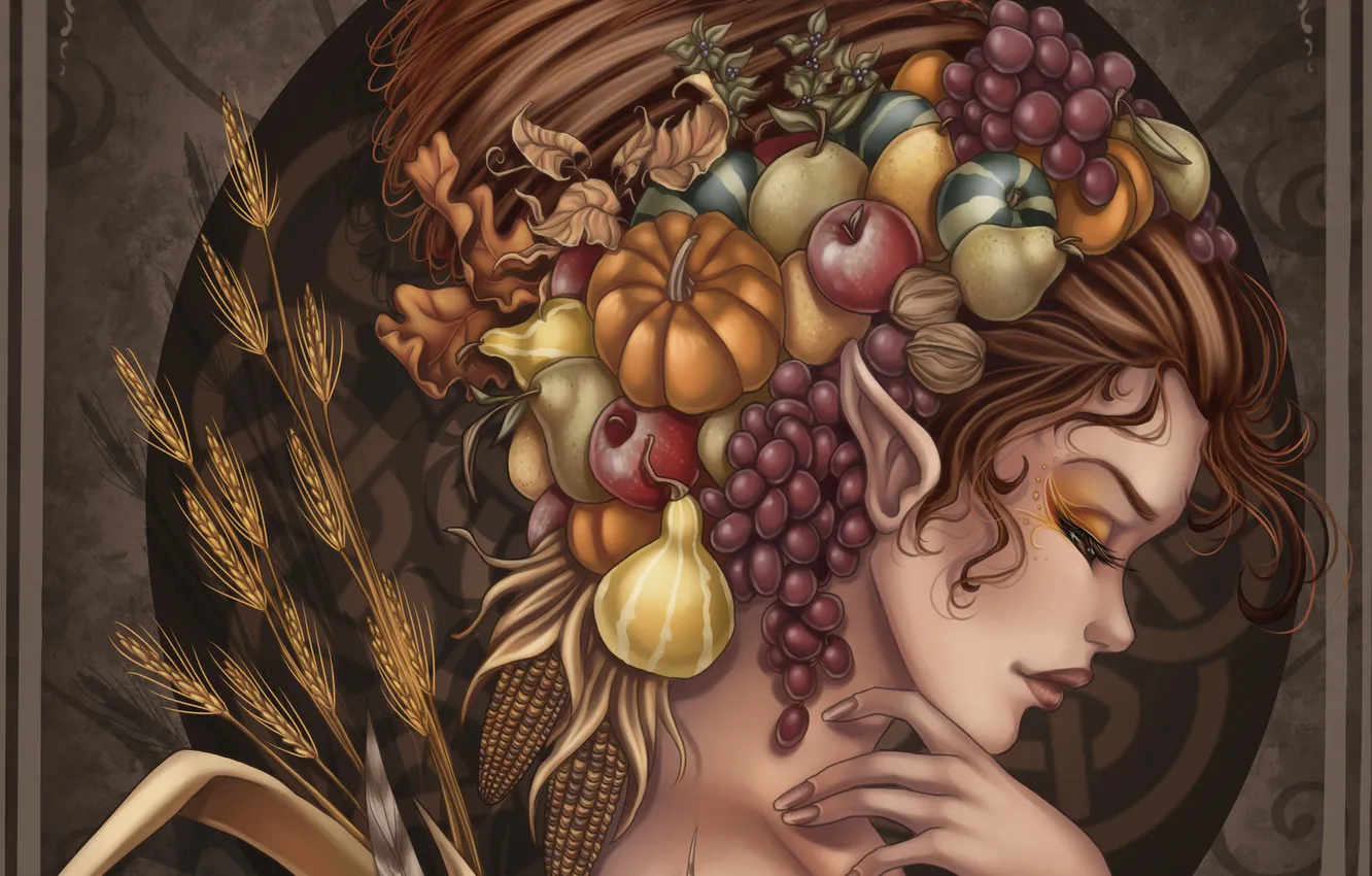 Фото обои девушка, лицо, эльф, арт, прическа, виноград, профиль, груша