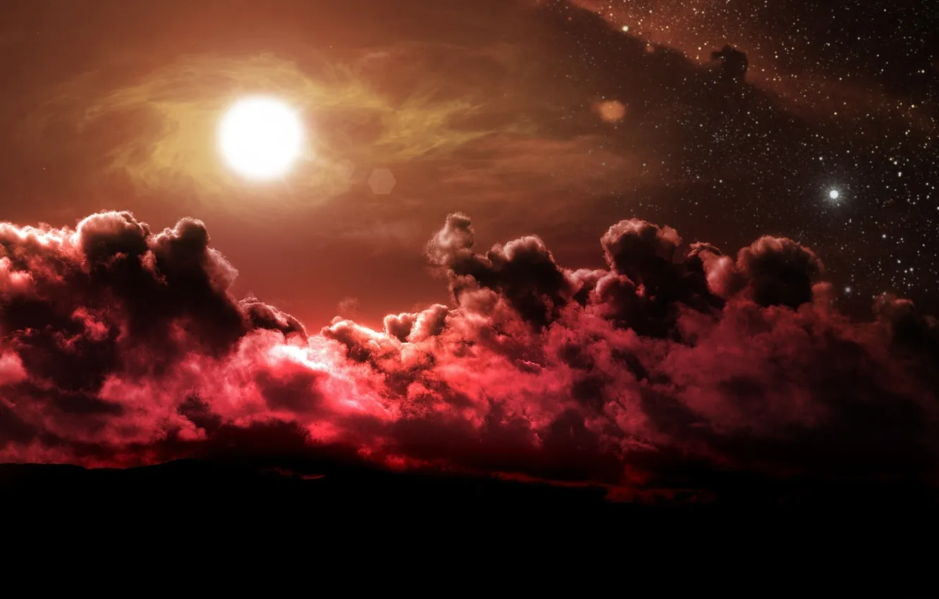 Фото обои солнце, звезды, облака, красный, фантастика