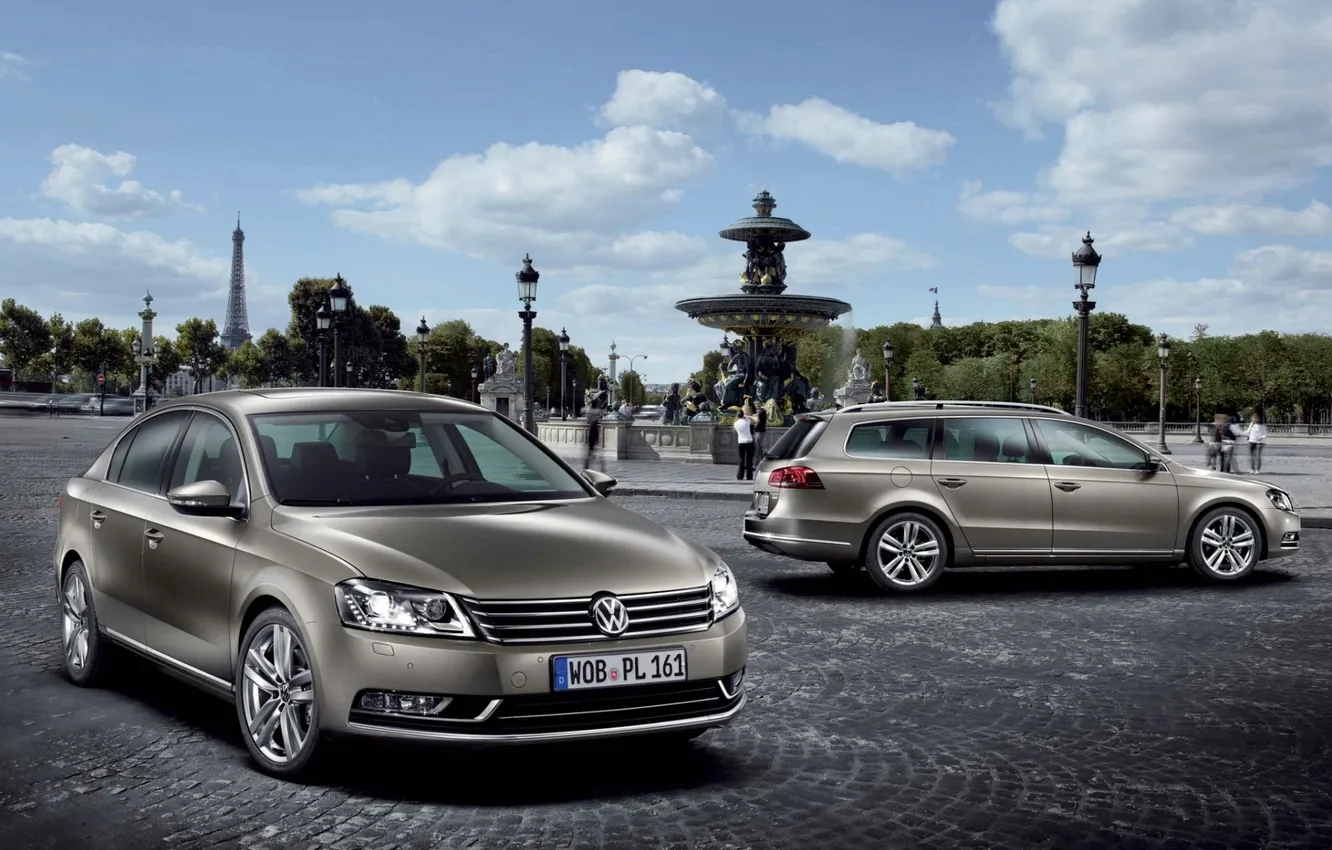 Фото обои небо, Париж, Volkswagen, фонтан, седан, фольксваген, пассат, Passat