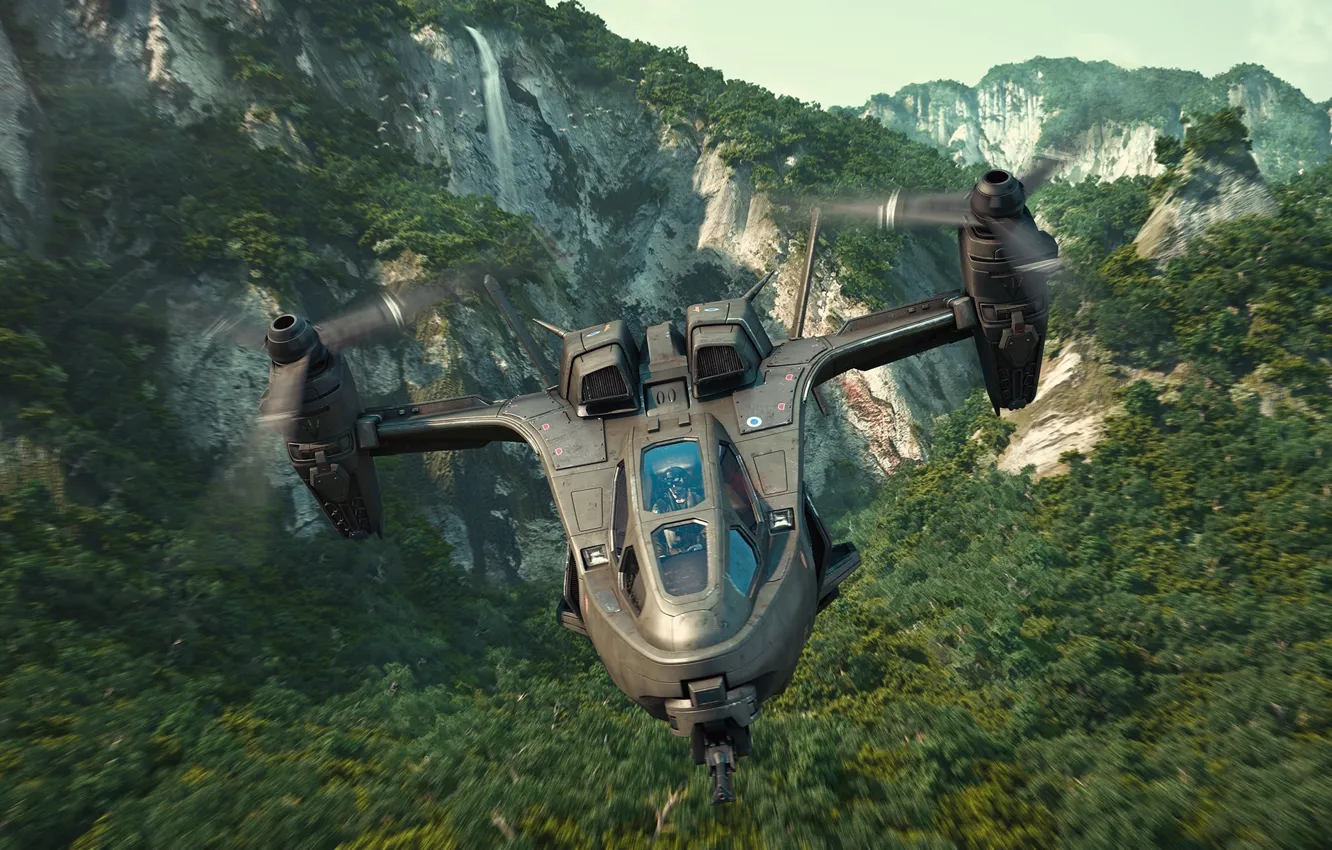 Фото обои горы, транспорт, растительность, вертолёт, Earth after us