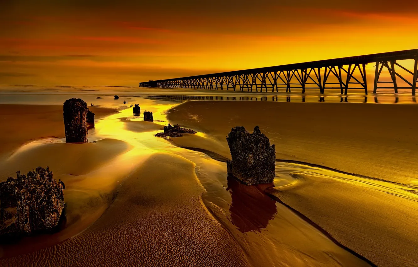 Фото обои море, закат, мост, берег