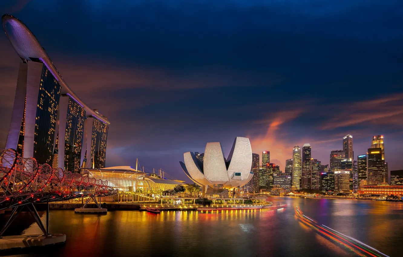 Фото обои ночь, город, огни, освещение, Сингапур, Singapore, Singapore city
