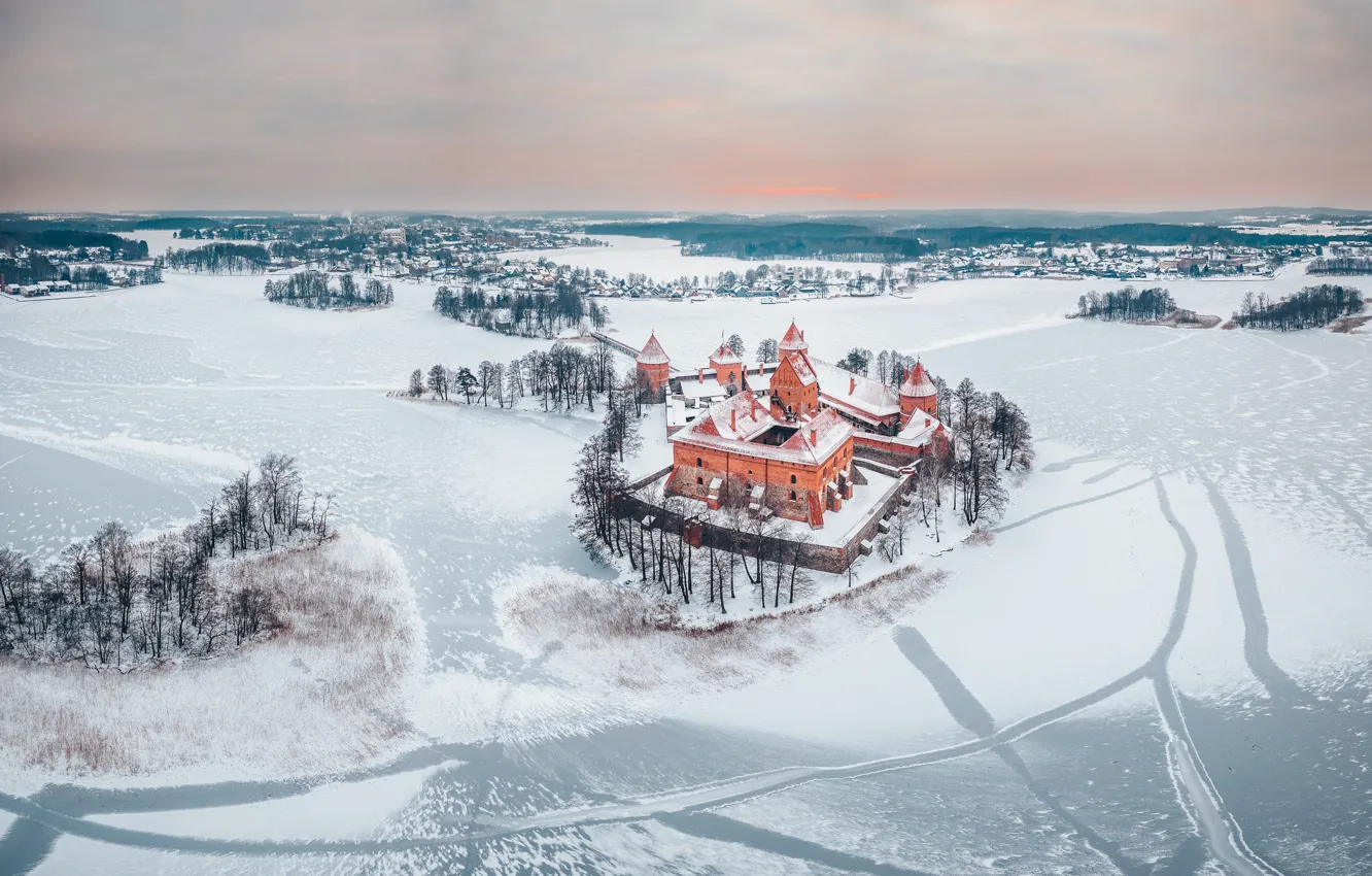 Фото обои зима, замок, Trakai, Lietuva