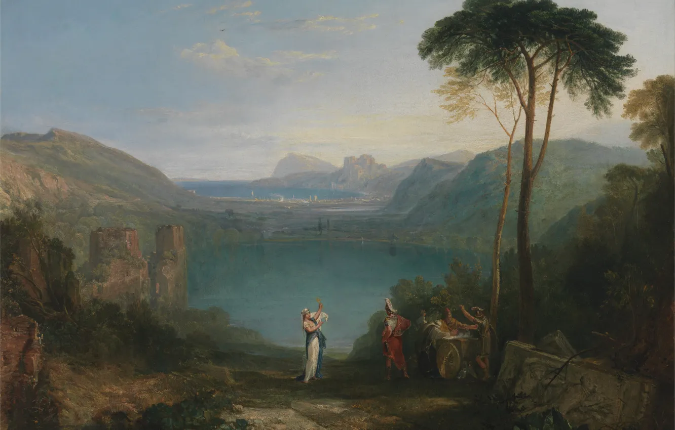Фото обои деревья, пейзаж, горы, озеро, картина, миф, Уильям Тёрнер, Lake Avernus - Aeneas and the Cumaean …