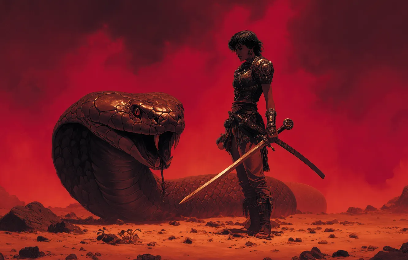 Фото обои red, sword, snake, women, warrior, fantasy art, illustration, oil painting