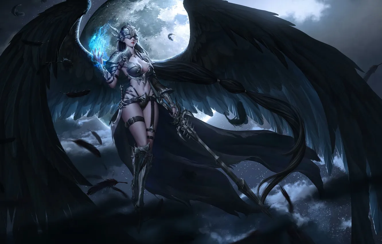 Фото обои dark, girl, moon, sword, fantasy, armor, night, wings