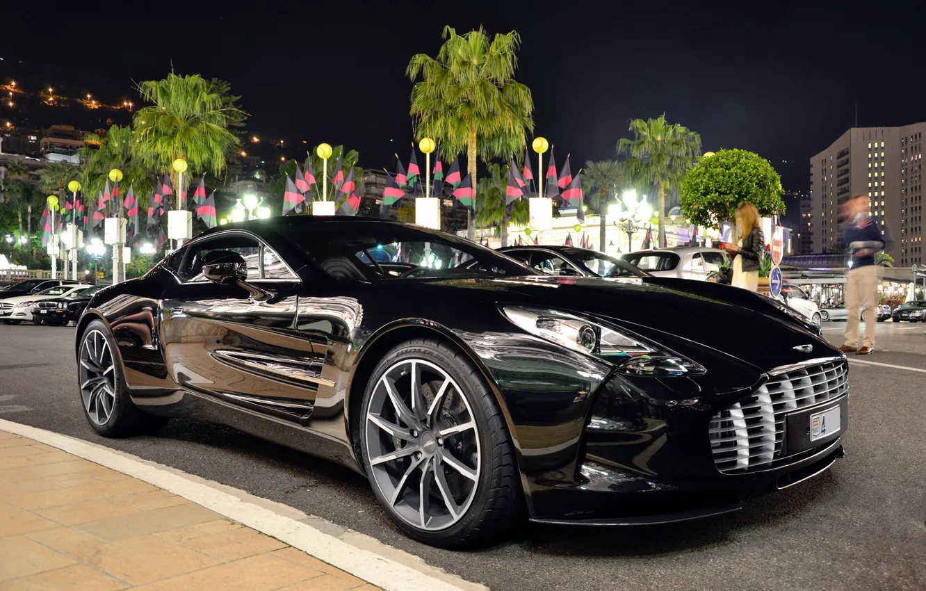 Фото обои чёрный, Aston Martin, суперкар, ночной город, one-77