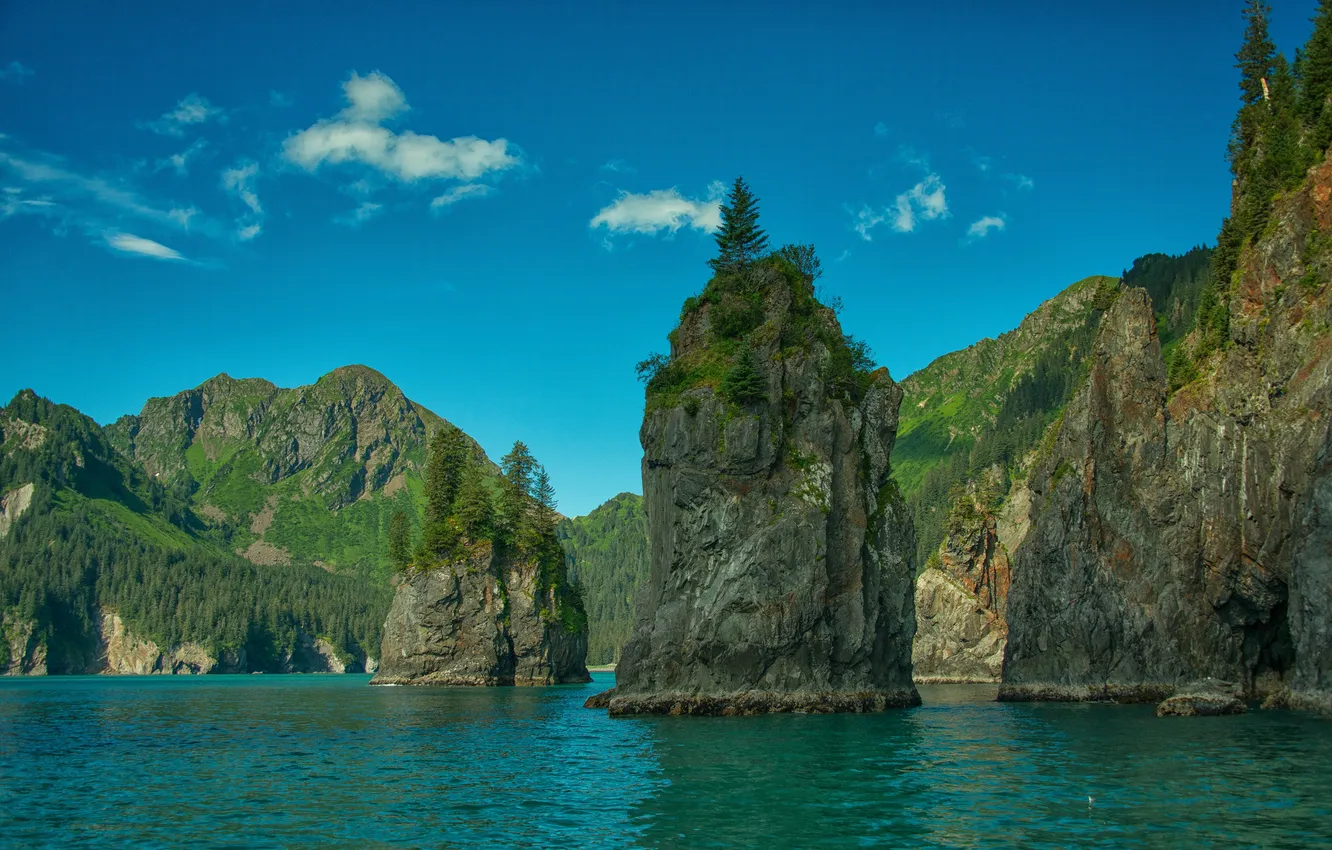 Фото обои деревья, горы, скала, озеро