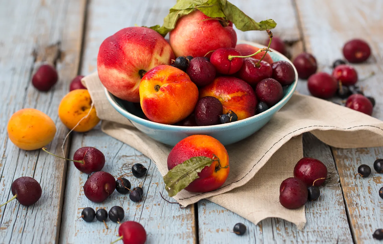 Фото обои вишня, ягоды, тарелка, фрукты, натюрморт, персики, смородина, абрикосы