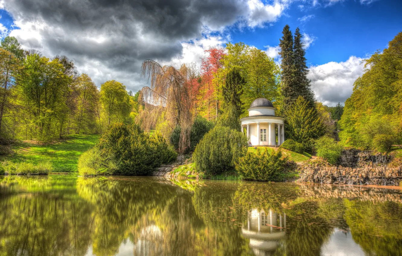 Фото обои деревья, парк, отражение, Schlosspark Wilhelmshöhe