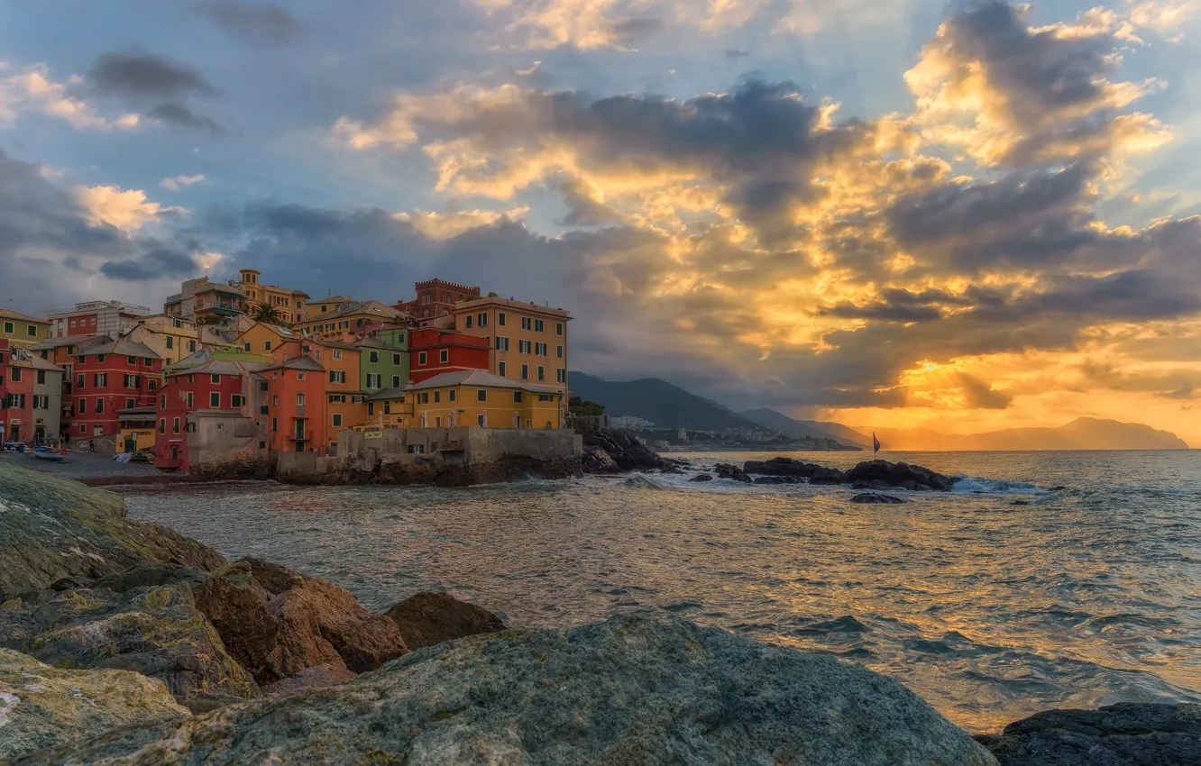 Фото обои море, закат, побережье, здания, дома, Италия, Italy, Итальянская Ривьера