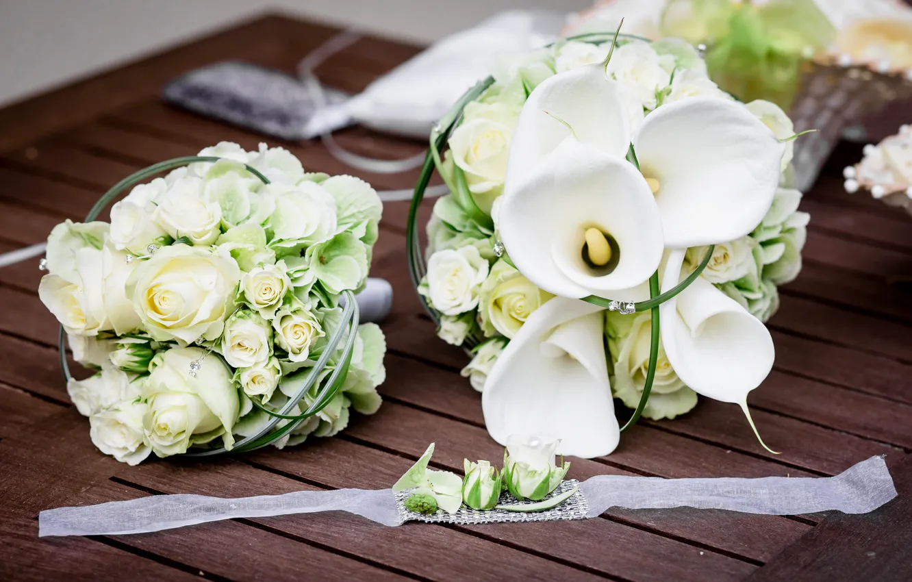 Фото обои белый, розы, букет, лента, доска, белые, свадьба, Roses