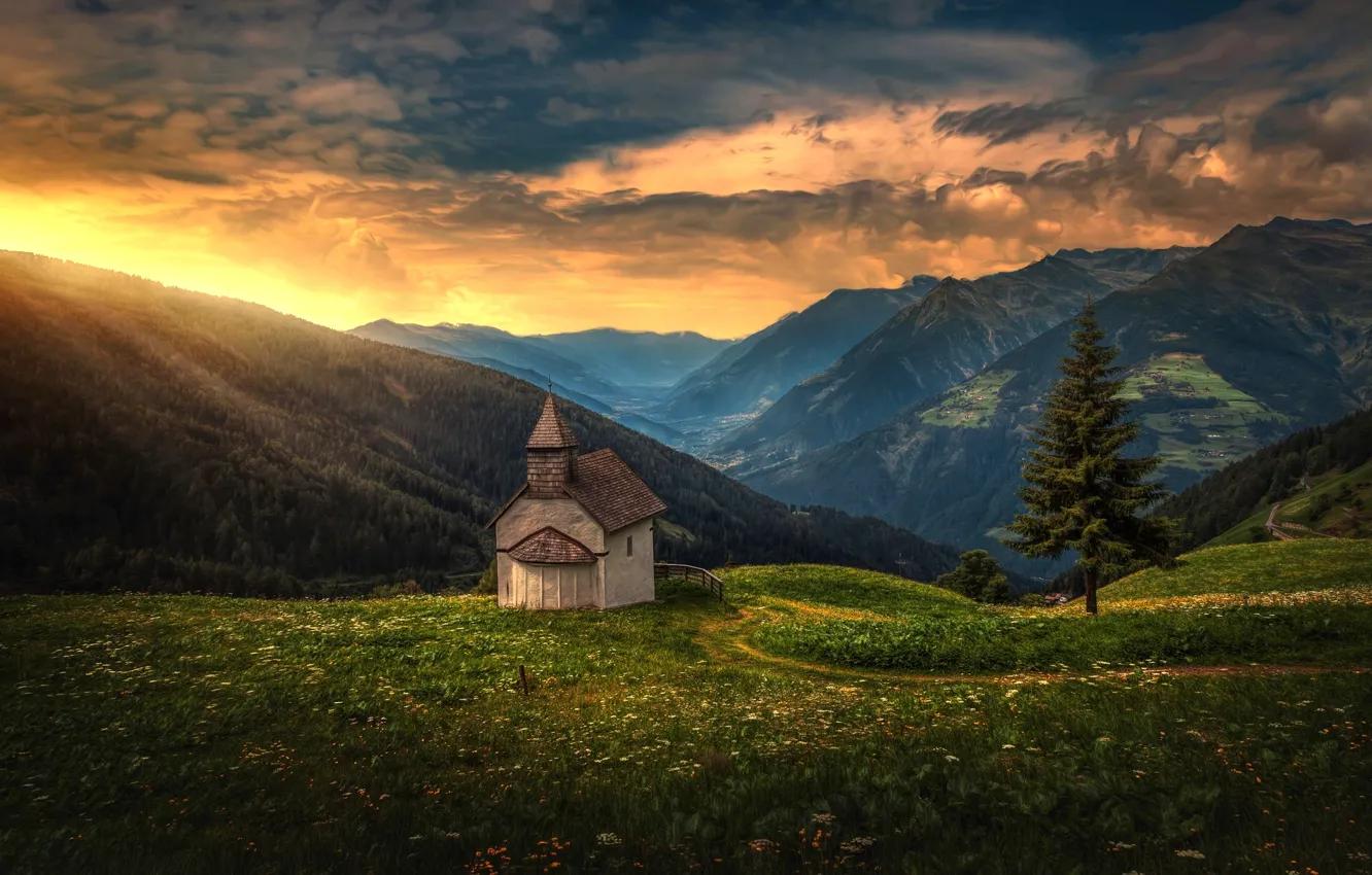 Фото обои закат, горы, дерево, ель, Альпы, Италия, панорама, часовня