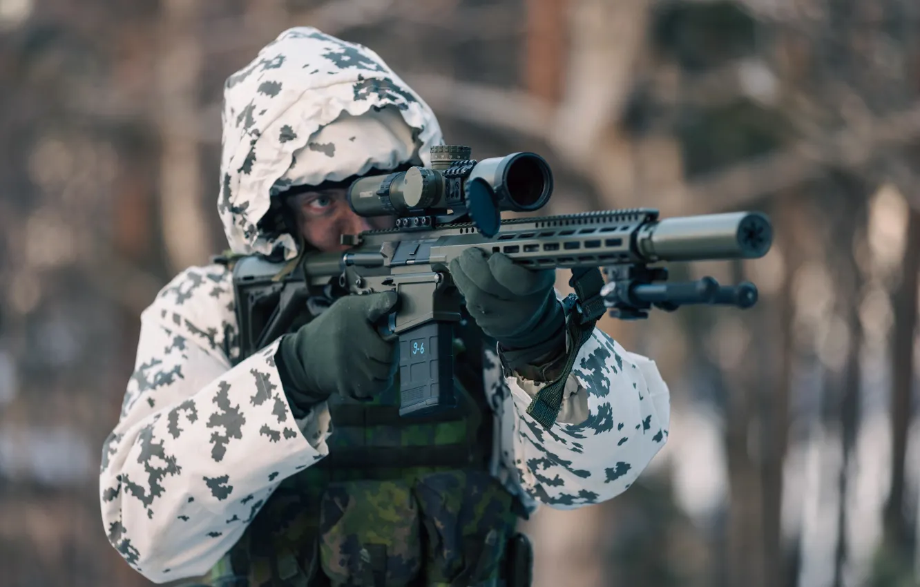 Фото обои Солдат, Финляндия, Штурмовая винтовка, Finnish Defence Forces, Боевая винтовка, Battle rifle, Силы обороны Финляндии, Sako …